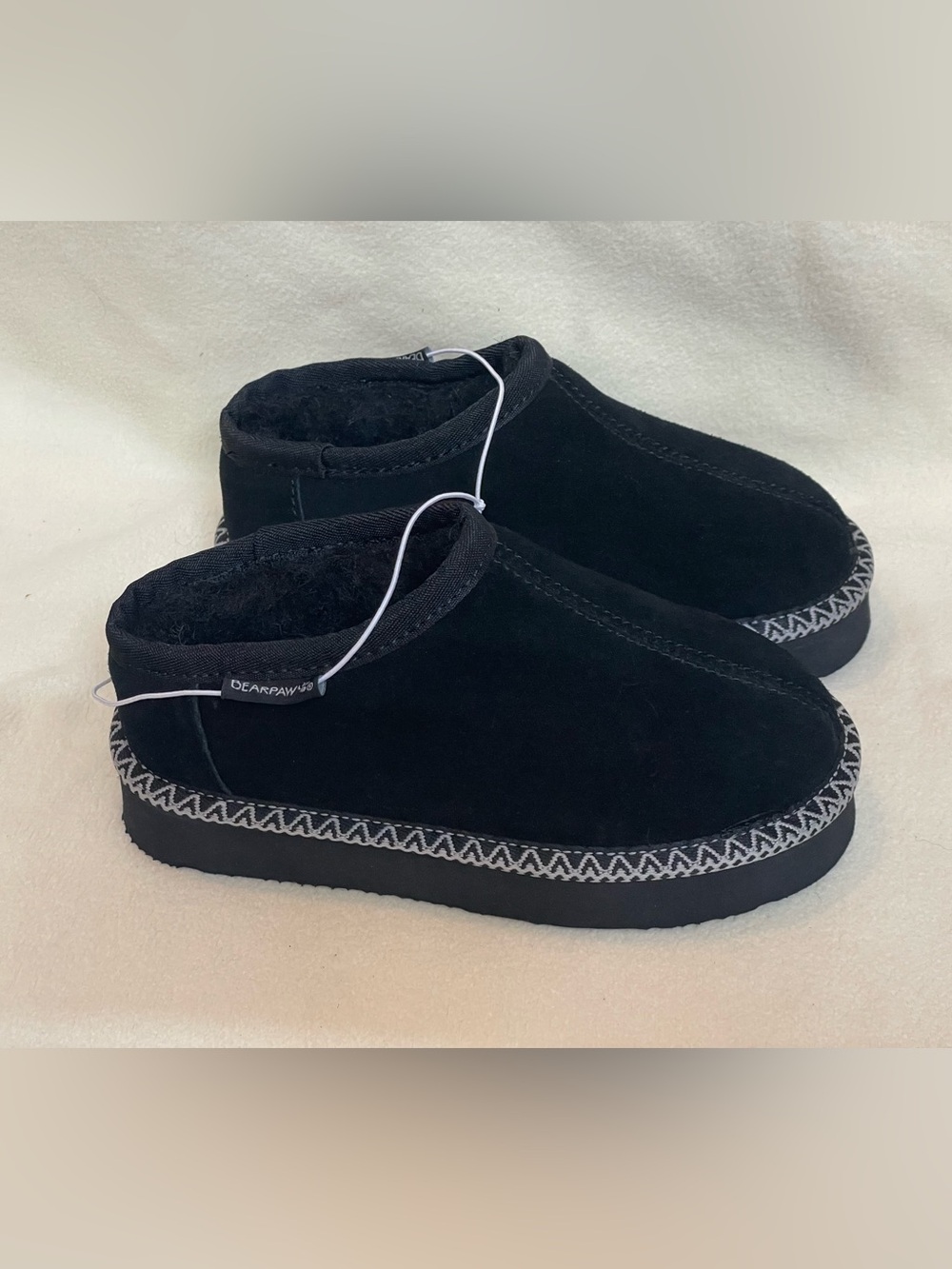 BearPaw Kids Black Plush-Lined Slip-On Slippers Size 12 Youth